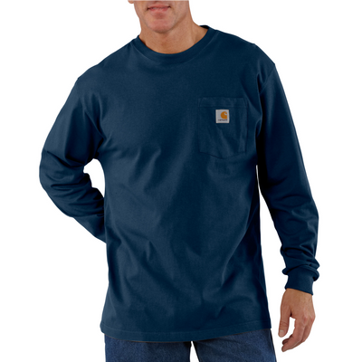 Person wearing K126 Long-sleeve Pocket T-shirt Black L/S Tee, Man wearing dark navy long-sleeve shirt against white