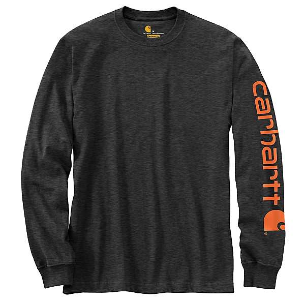 K231 front view, Charcoal heathered long-sleeve with orange text running down right sleeve, Charcoal L/S Tee - Slowride