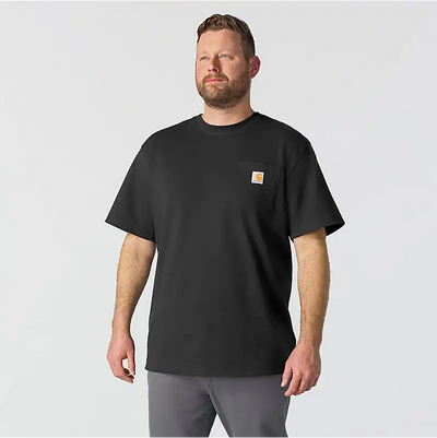 K87 (reg) front view, Black with small orange and white square patch on chest pocket area, Black Tee - Slowride Supply