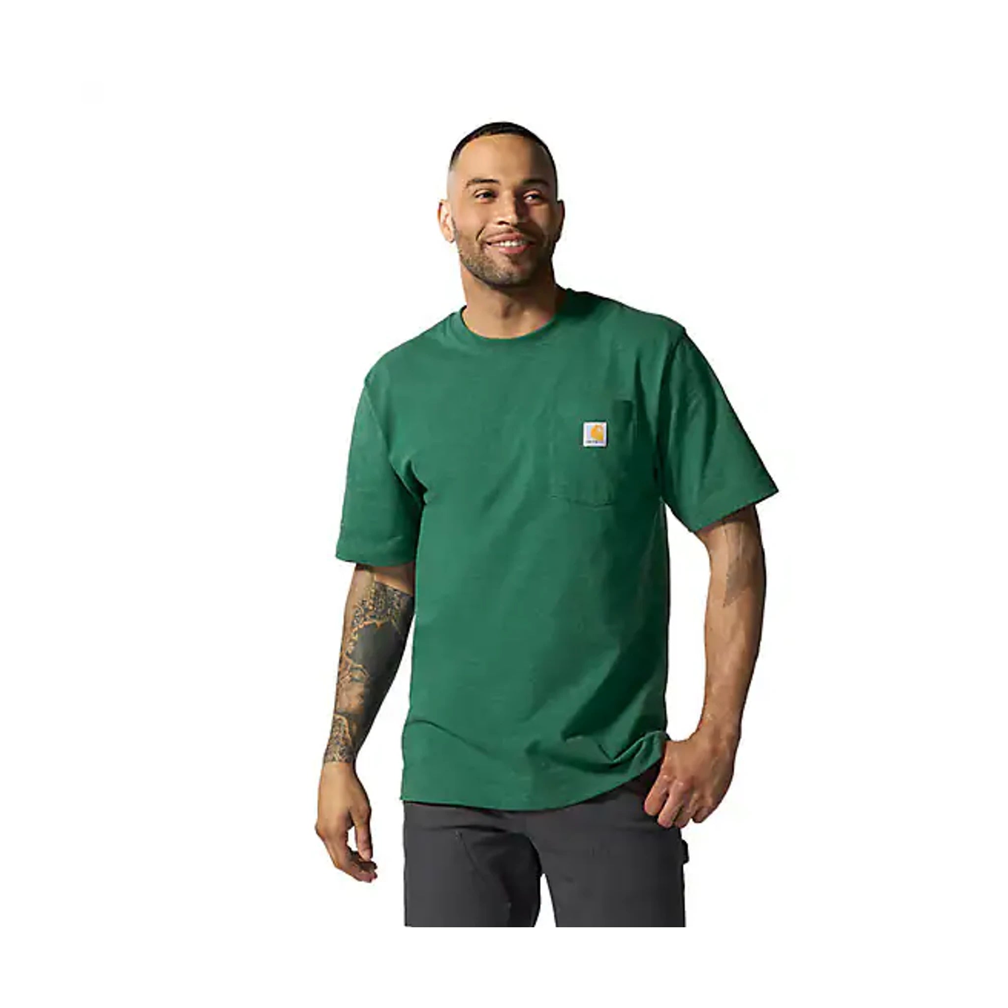 Person wearing K87 (reg) Black Tee, Model wearing green tee against neutral white background studio setting - Slowride Supply