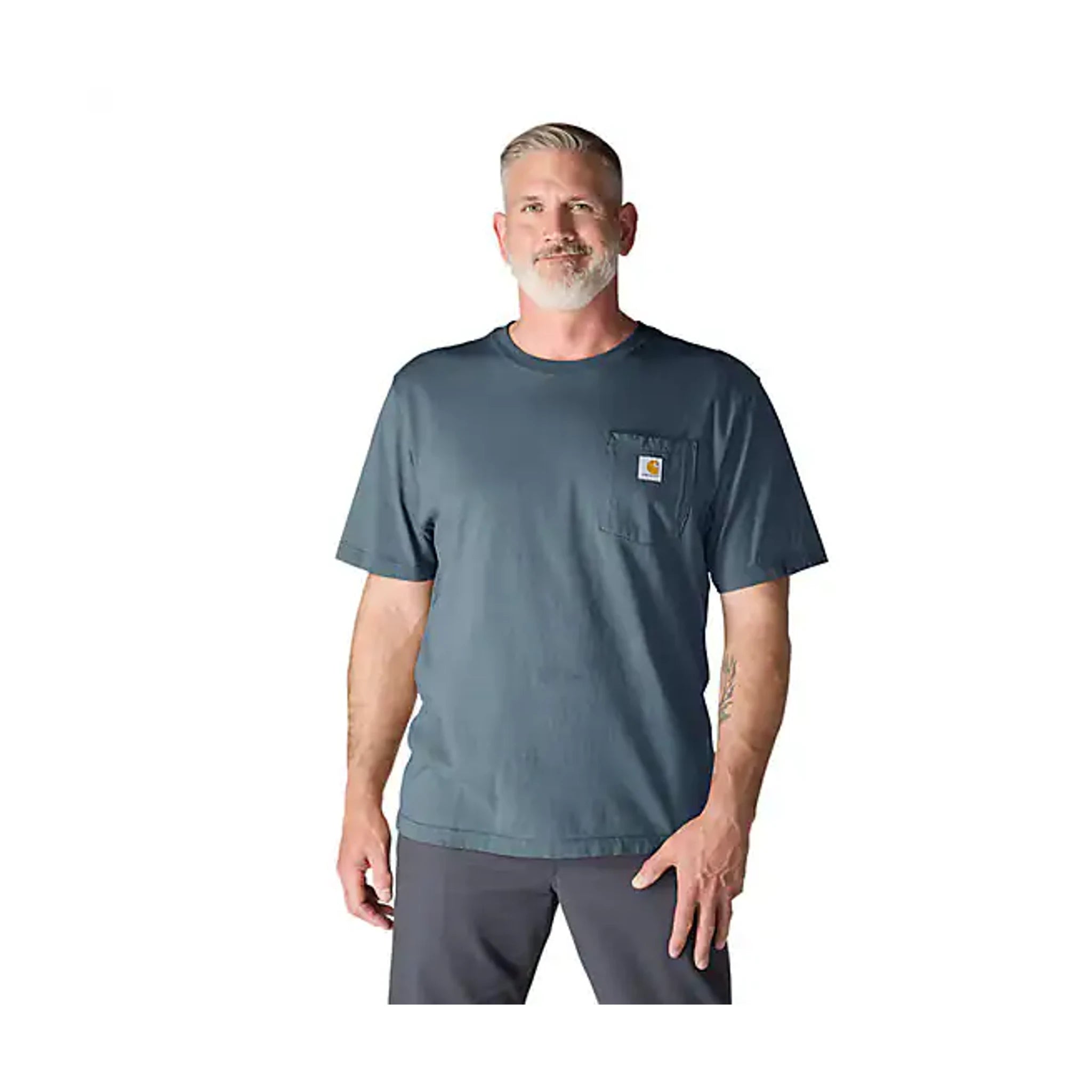 Person wearing K87 (reg) Black Tee, Man wearing slate blue t-shirt against plain white background studio setting - Slowride