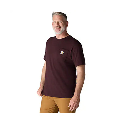 Person wearing K87 (reg) Black Tee, Man standing against neutral white background wearing maroon tee - Slowride Supply