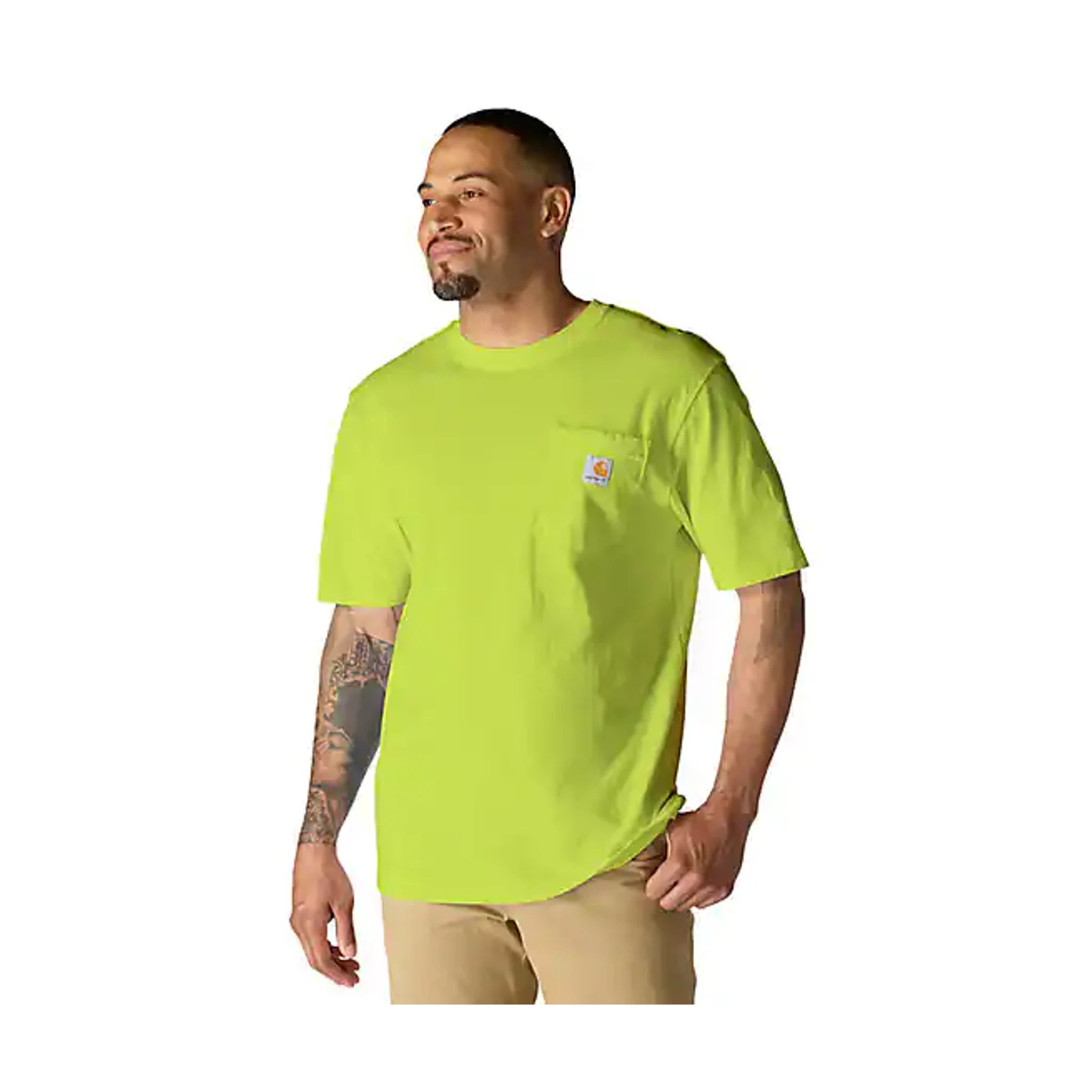 Person wearing K87 (reg) Black Tee, Bright lime-green t-shirt worn against neutral white studio background - Slowride Supply