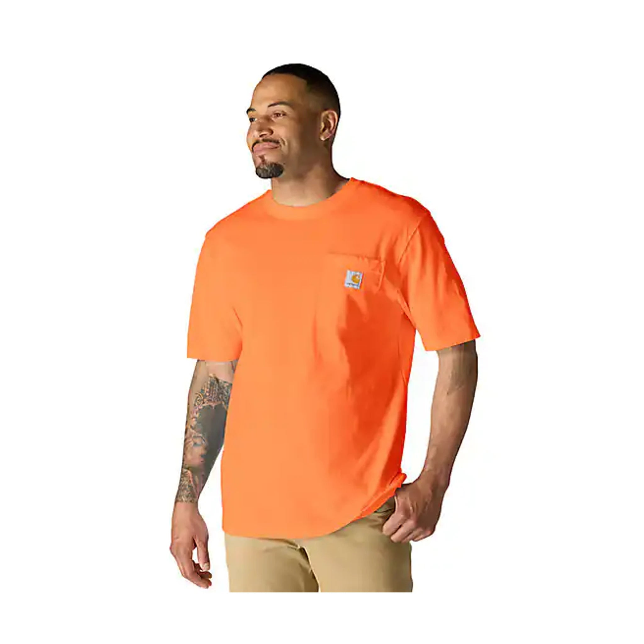 Person wearing K87 (reg) Black Tee, Man wearing orange t-shirt against plain white studio background - Slowride Supply