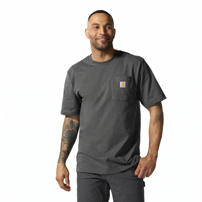 Person wearing K87 (reg) Black Tee, Man wearing charcoal tee against plain white studio background - Slowride Supply