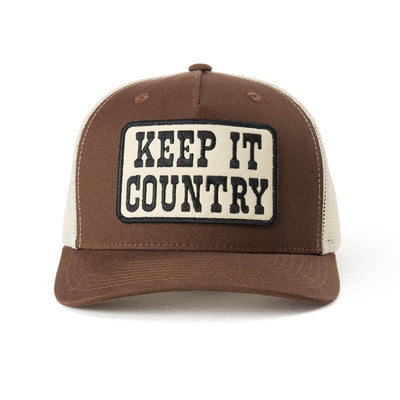 Keep It Country Trucker Apparel front view, Brown with cream mesh sides and embroidered Keep It Country patch in black and