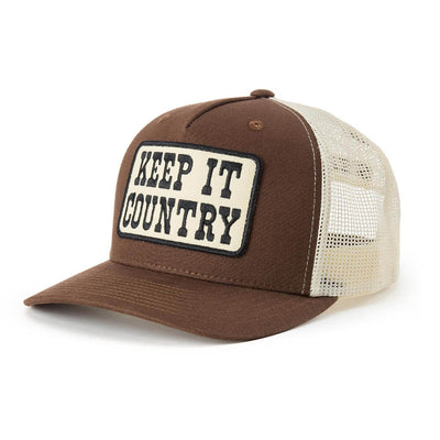 Back of Keep It Country Trucker Apparel Brown/Cream Apparel, Cream mesh back panel with brown front crown and visor -