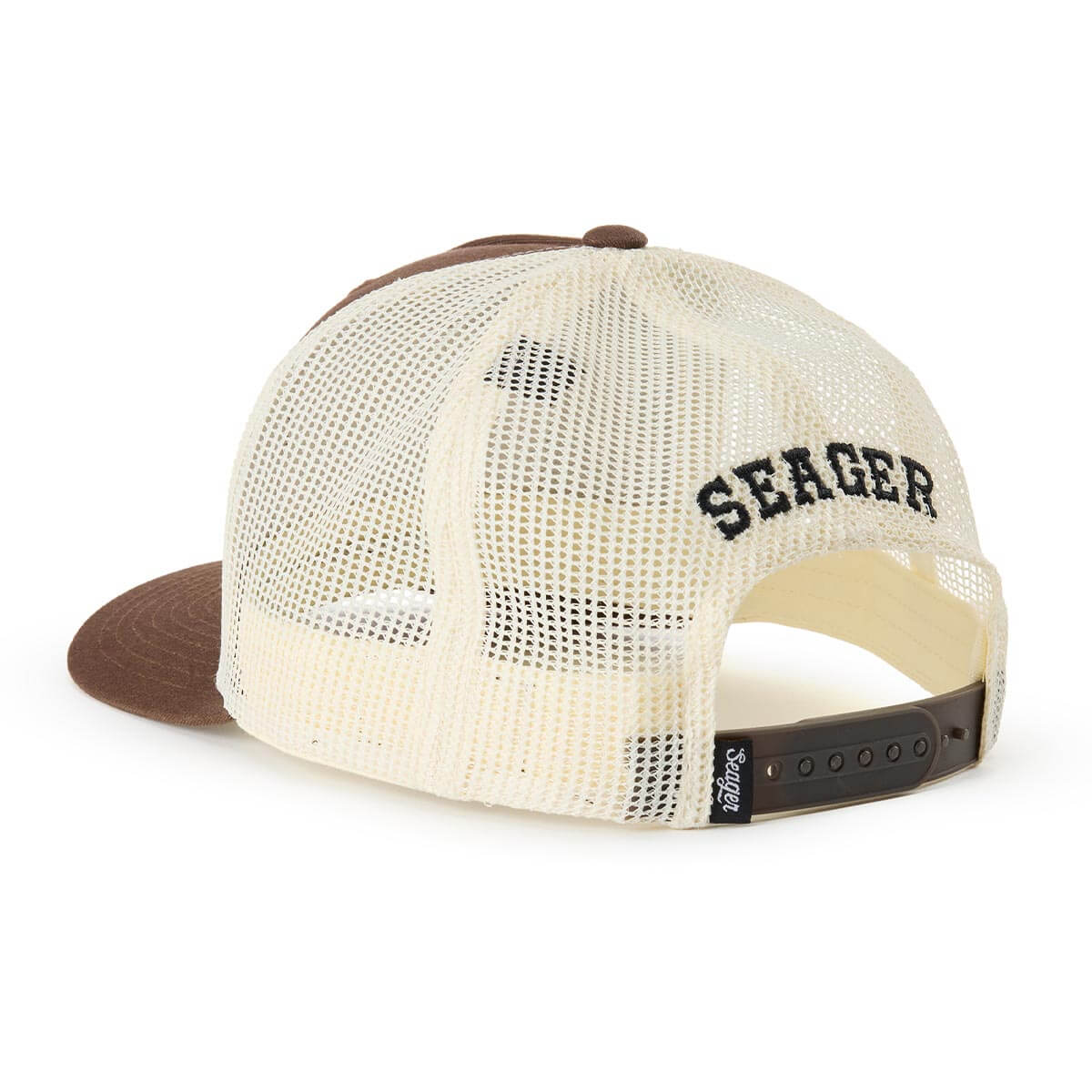 Close-up of Keep It Country Trucker Apparel Brown/Cream Apparel showing Cream mesh trucker cap with brown suede front panels
