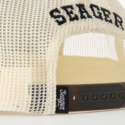 Close-up of Keep It Country Trucker Apparel Brown/Cream Apparel showing Cream mesh fabric with black embroidered text and