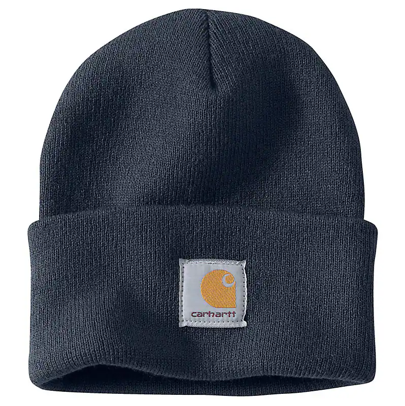 Back of Knit Cuffed Heather Grey Beanie, Charcoal grey knit beanie with woven label patch on front featuring gold icon and