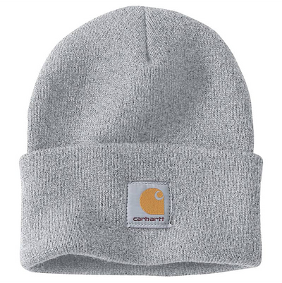 Knit Cuffed front view, Heather grey with gold and grey woven label patch at front cuff, Heather Grey Beanie - Slowride