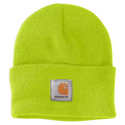 Close-up of Knit Cuffed Heather Grey Beanie showing Bright lime-yellow ribbed knit with woven label patch and orange