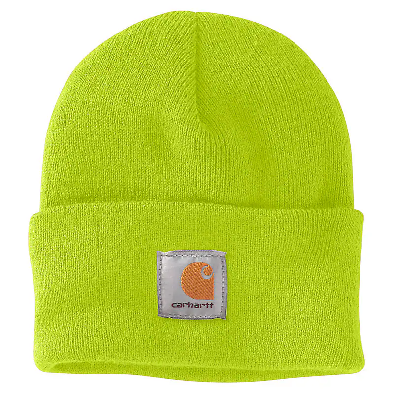 Close-up of Knit Cuffed Heather Grey Beanie showing Bright lime-yellow ribbed knit with woven label patch and orange