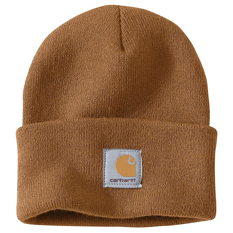 Close-up of Knit Cuffed Heather Grey Beanie showing Tan ribbed knit texture with woven label patch on front cuff - Slowride