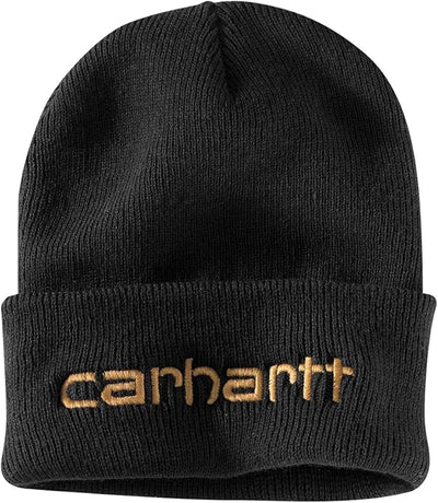 Back of Knit Insulated Logo Black Beanie, Gold embroidered text on black ribbed knit cuff - Slowride Supply