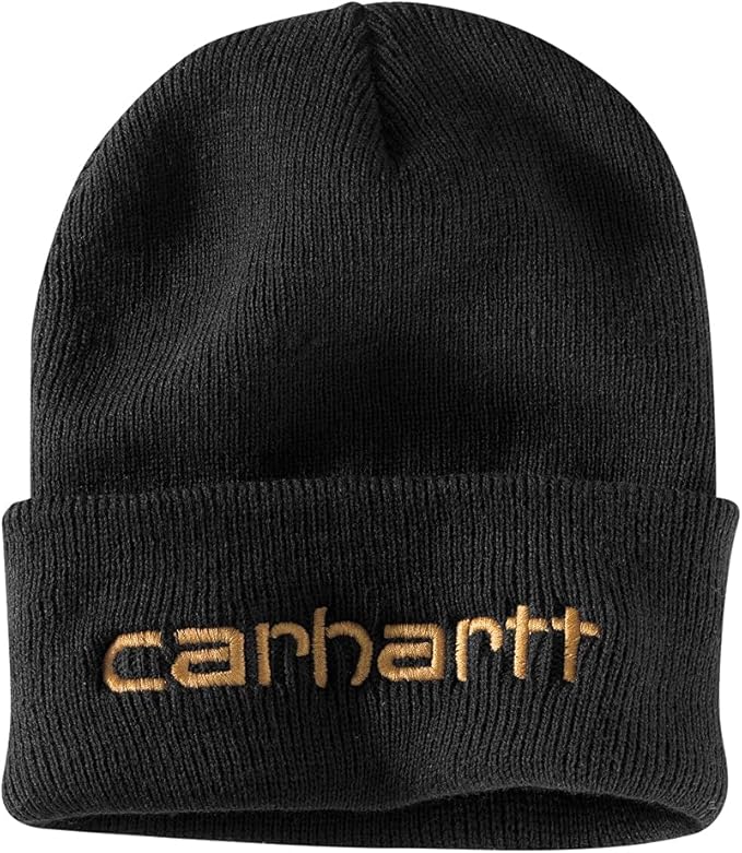 Back of Knit Insulated Logo Black Beanie, Gold embroidered text on black ribbed knit cuff - Slowride Supply