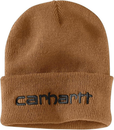 Knit Insulated Logo front view, Tan ribbed knit beanie with embroidered logo at front cuff, Black Beanie - Slowride Supply