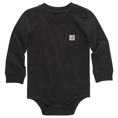 L/s Pocket Bodysuit (tk5002) Kids front view, Black with small woven label patch on chest pocket, Heather Grey Kids Tee -
