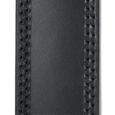 Close-up of Leather Engraved Buckle Belt Accessory Brown Accessory showing Contrast topstitching along both side seams of