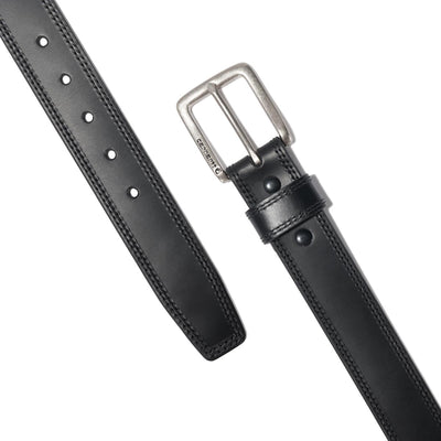 Close-up of Leather Engraved Buckle Belt Accessory Brown Accessory showing Black leather belt with silver-tone rectangular
