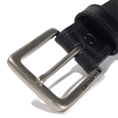 Close-up of Leather Engraved Buckle Belt Accessory Brown Accessory showing Antique silver buckle with engraved text, black