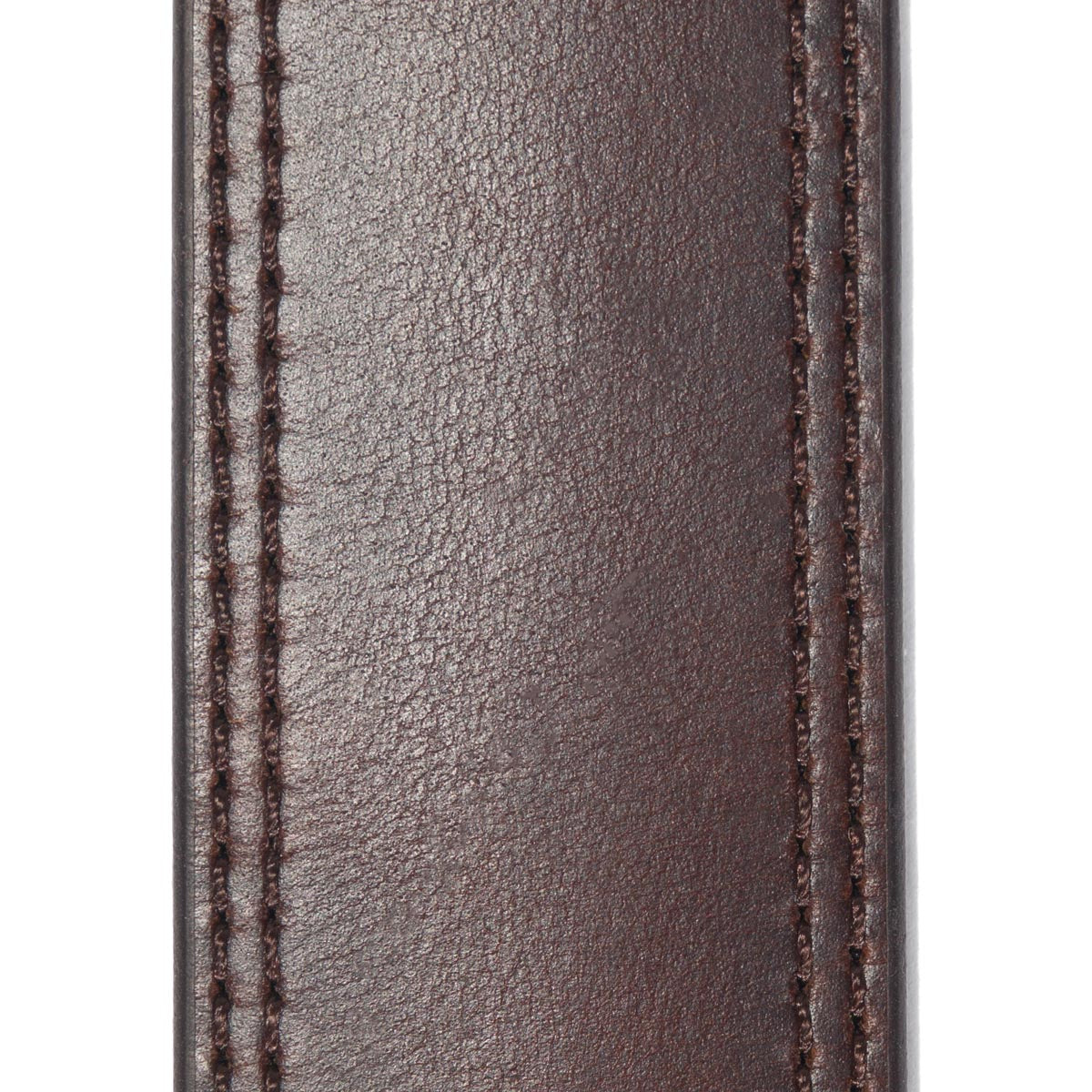 Close-up of Leather Engraved Buckle Belt Accessory Brown Accessory showing Brown leather with double-stitched side seams in