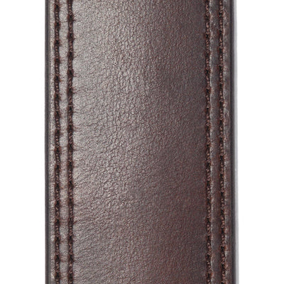 Close-up of Leather Engraved Buckle Belt Accessory Brown Accessory showing Brown leather with double-stitched side seams in