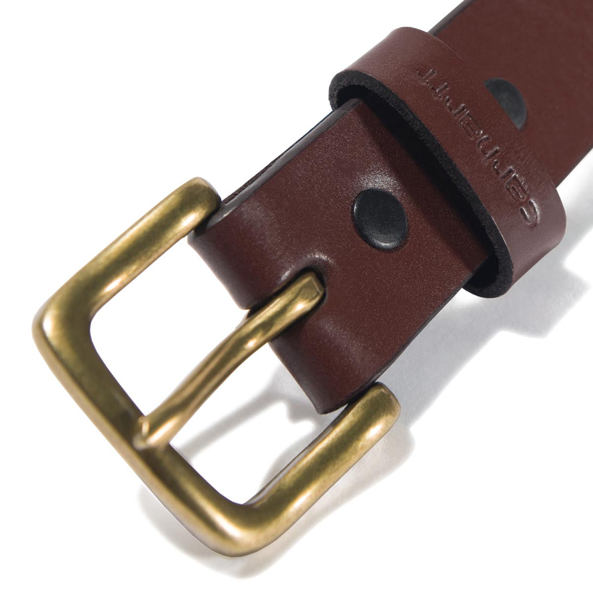 Close-up of Leather Engraved Buckle Belt Accessory Brown Accessory showing Brass buckle with rounded edges and brown leather