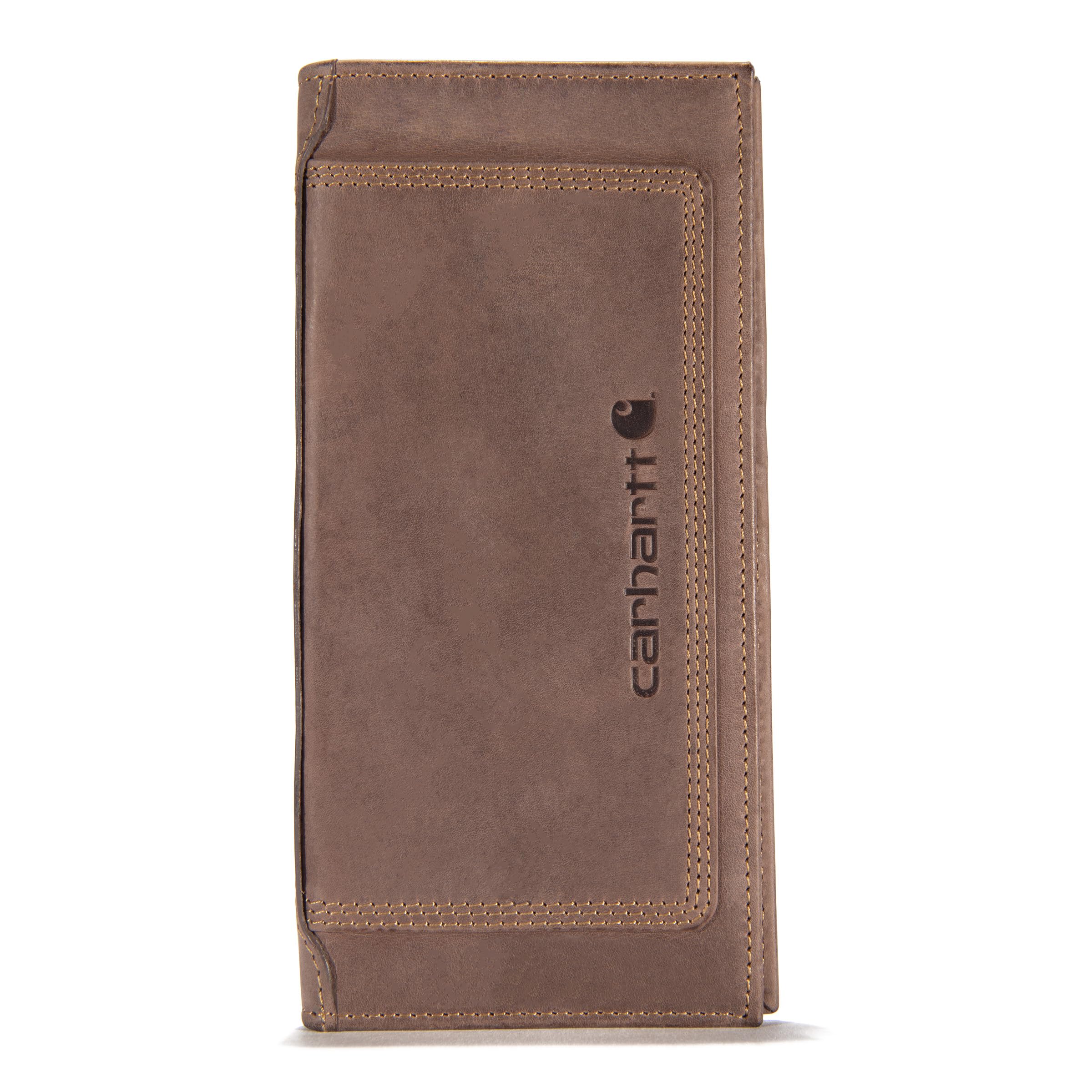 Leather Triple Stitched Rodeo Wallet Accessory front view, Brown nubuck leather with tan topstitching and embossed text on