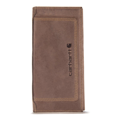 Leather Triple Stitched Rodeo Wallet Accessory front view, Brown nubuck leather with tan topstitching and embossed text on