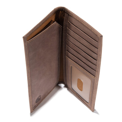 Close-up of Leather Triple Stitched Rodeo Wallet Accessory Black Accessory showing Dark brown leather with tan interior