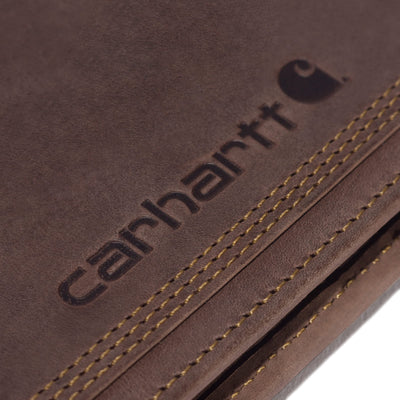 Close-up of Leather Triple Stitched Rodeo Wallet Accessory Black Accessory showing Brown leather with embossed text and