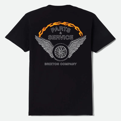 Leeway front view, Black with white winged wheel graphic, orange flame arch and "Parts & Service" text with company name