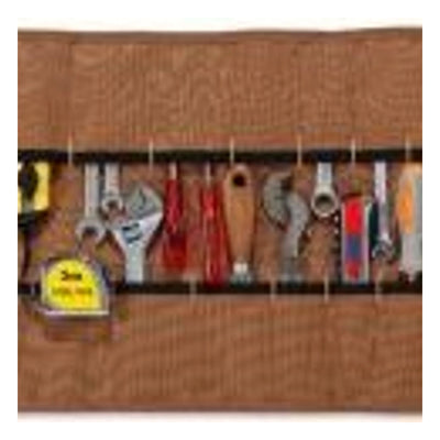 Close-up of Legacy Tool Roll Accessory Black Accessory showing Heavy canvas with brass grommets and hanging loops, aged