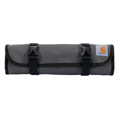Close-up of Legacy Tool Roll Accessory Black Accessory showing Charcoal canvas body with black webbing straps and plastic