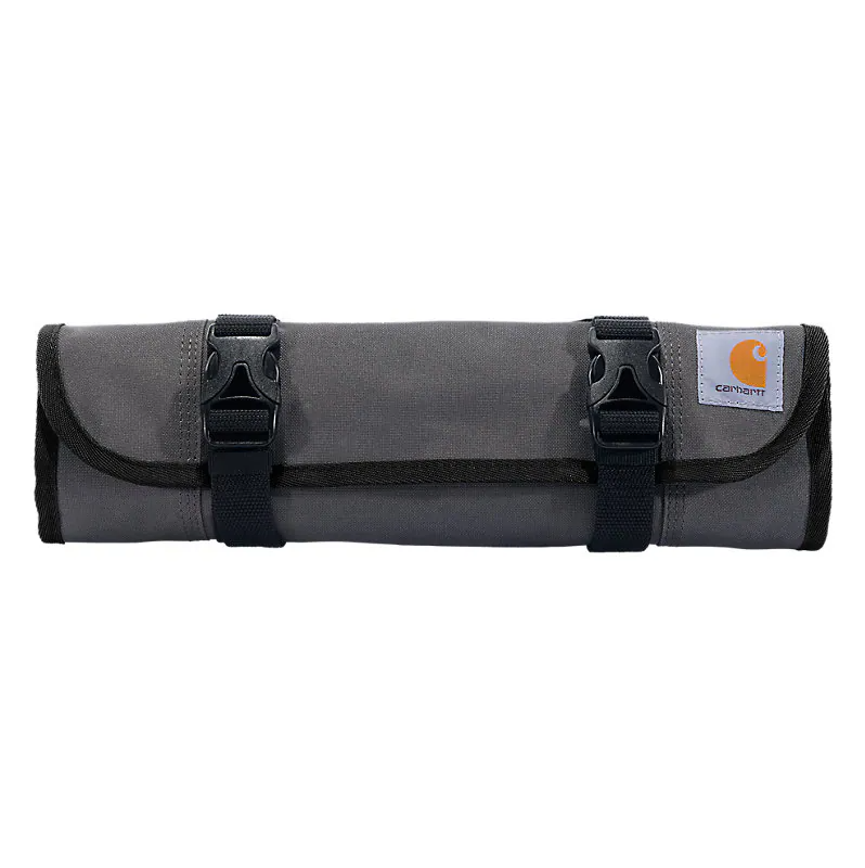 Close-up of Legacy Tool Roll Accessory Black Accessory showing Charcoal canvas body with black webbing straps and plastic
