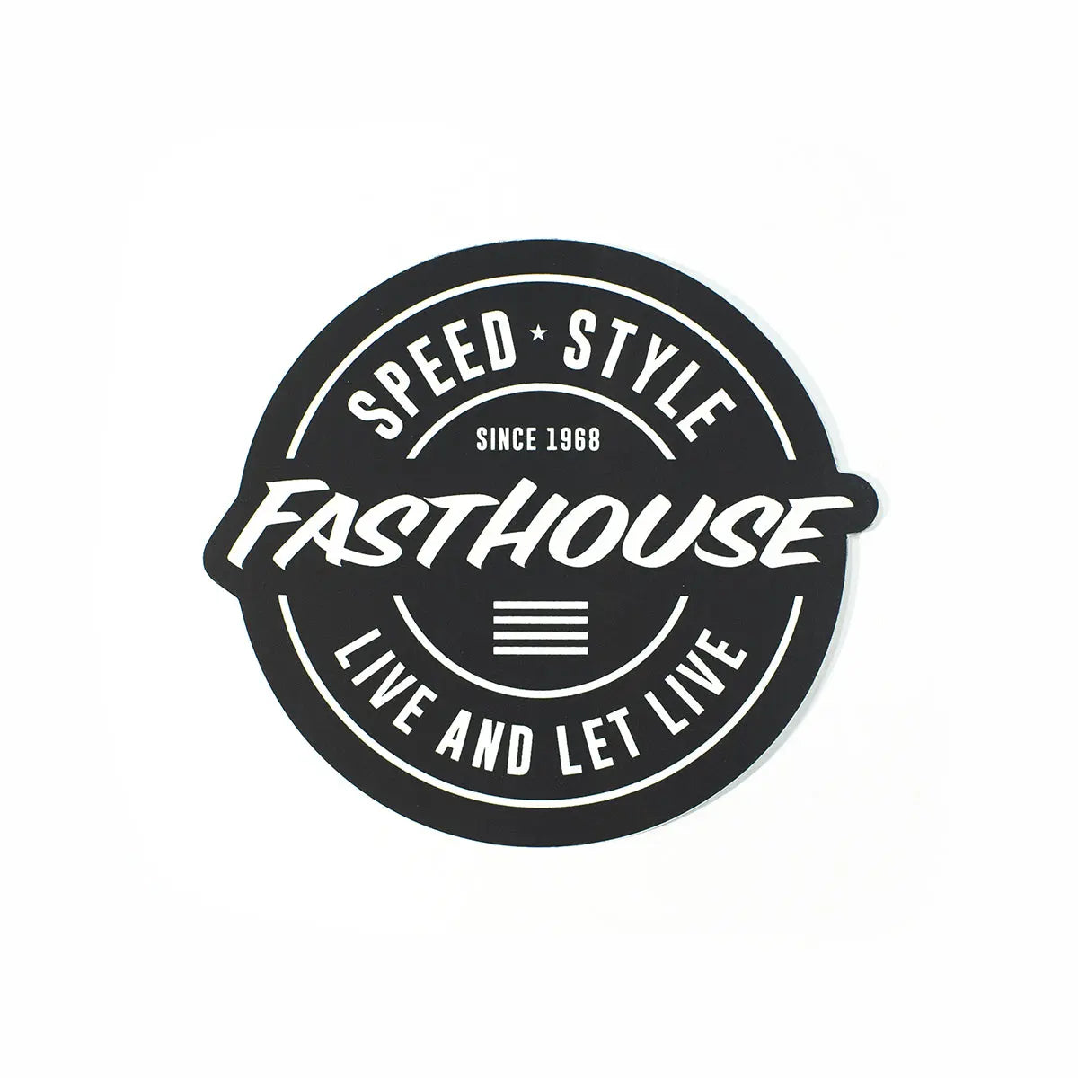 Let Live Sticker Accessory front view, Black circular sticker with white lettering, "Speed Style" arc at top, "Since 1968"