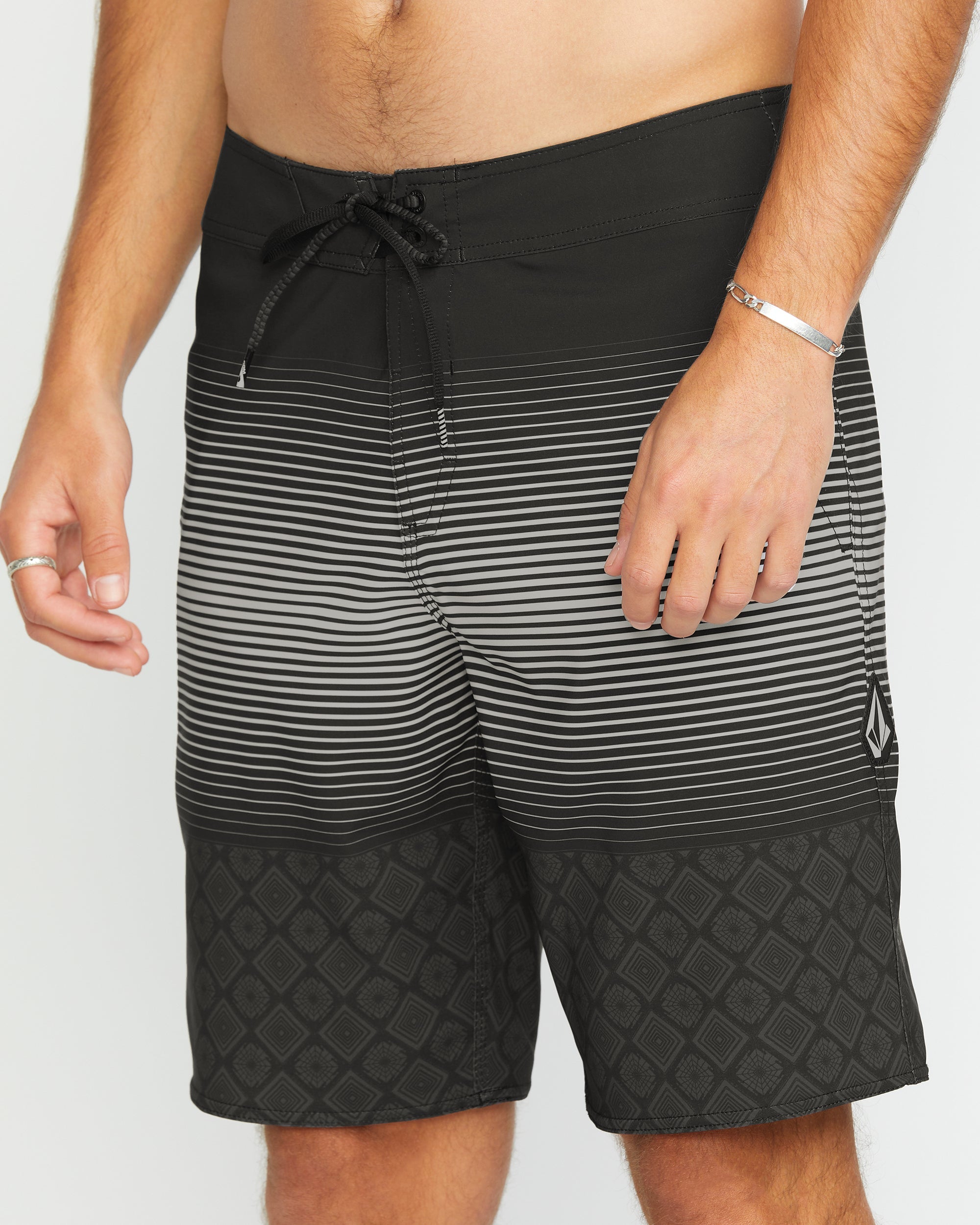 Person wearing Lido Stripe Mod 20" Boardshorts Black Boardshorts, Man wearing black and gray striped boardshorts against
