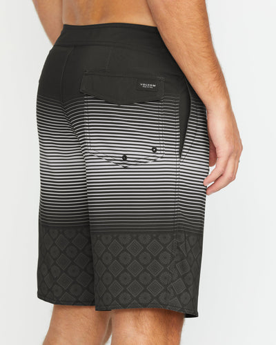 Person wearing Lido Stripe Mod 20" Boardshorts Black Boardshorts, Man wearing black and white striped boardshorts against