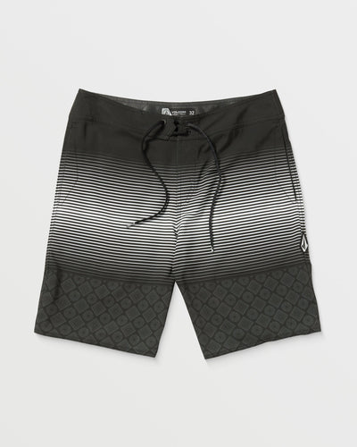 Lido Stripe Mod 20" Boardshorts front view, Black with white horizontal stripes fading to diamond texture at hem, Black