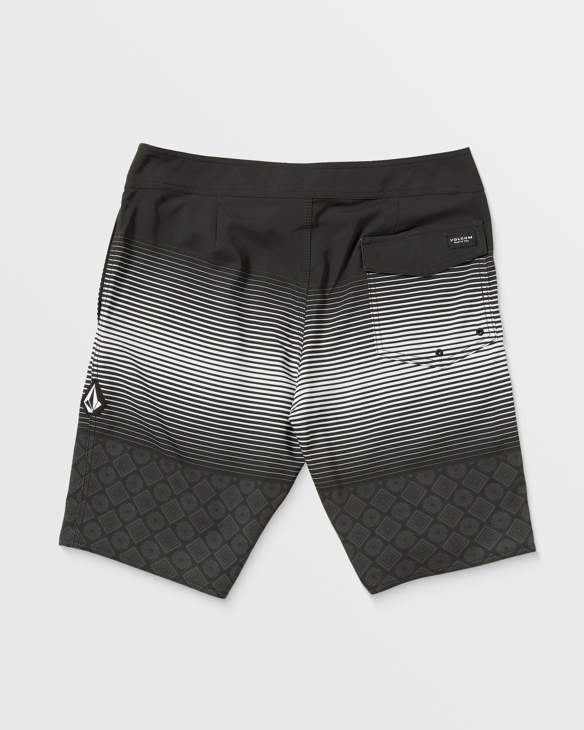 Back of Lido Stripe Mod 20" Boardshorts Black Boardshorts, Black with white horizontal stripes across center, diamond