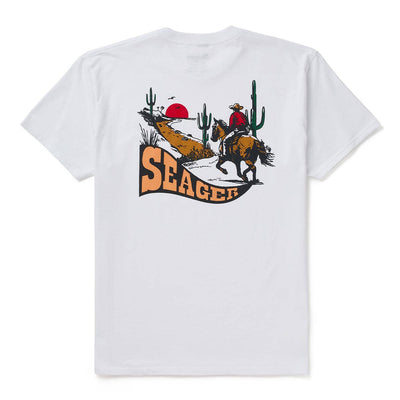 Long Ride front view, White with desert racing graphic in orange, red, tan, and black featuring two riders on bucking
