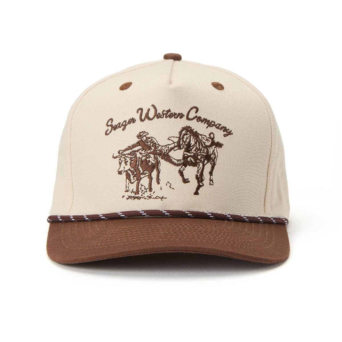 Los Rios Canvas Snapback front view, Cream crown with brown embroidered bucking horse and script text, brown visor with rope