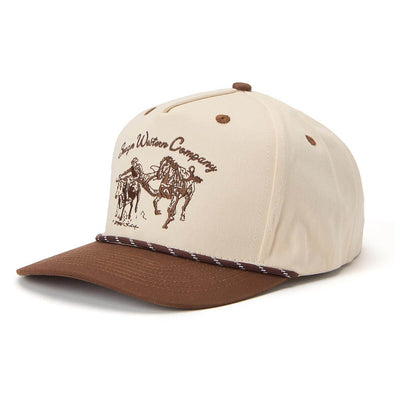 Close-up of Los Rios Canvas Snapback Cream/black Hat showing Cream crown with brown embroidered bucking horse graphic and