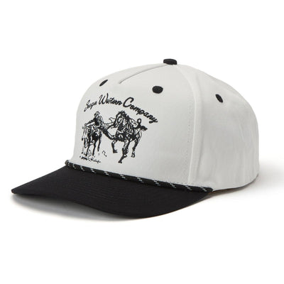 Close-up of Los Rios Canvas Snapback Cream/black Hat showing Cream crown with black embroidered horse and rider graphic,