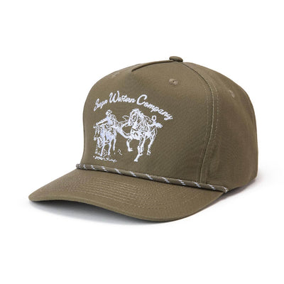 Close-up of Los Rios Canvas Snapback Cream/black Hat showing Tan canvas with white embroidered script text and bucking horse