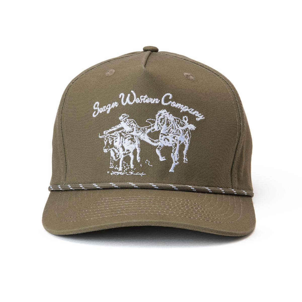 Close-up of Los Rios Canvas Snapback Cream/black Hat showing Tan cotton twill with white embroidered script and bucking