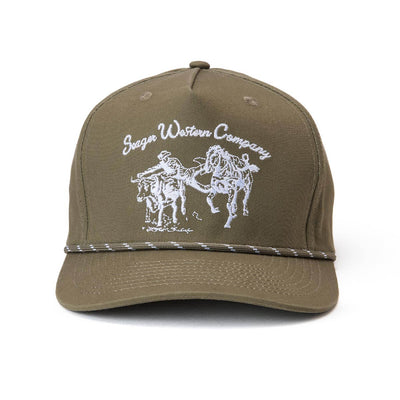 Close-up of Los Rios Canvas Snapback Cream/black Hat showing Tan cotton twill with white embroidered script and bucking