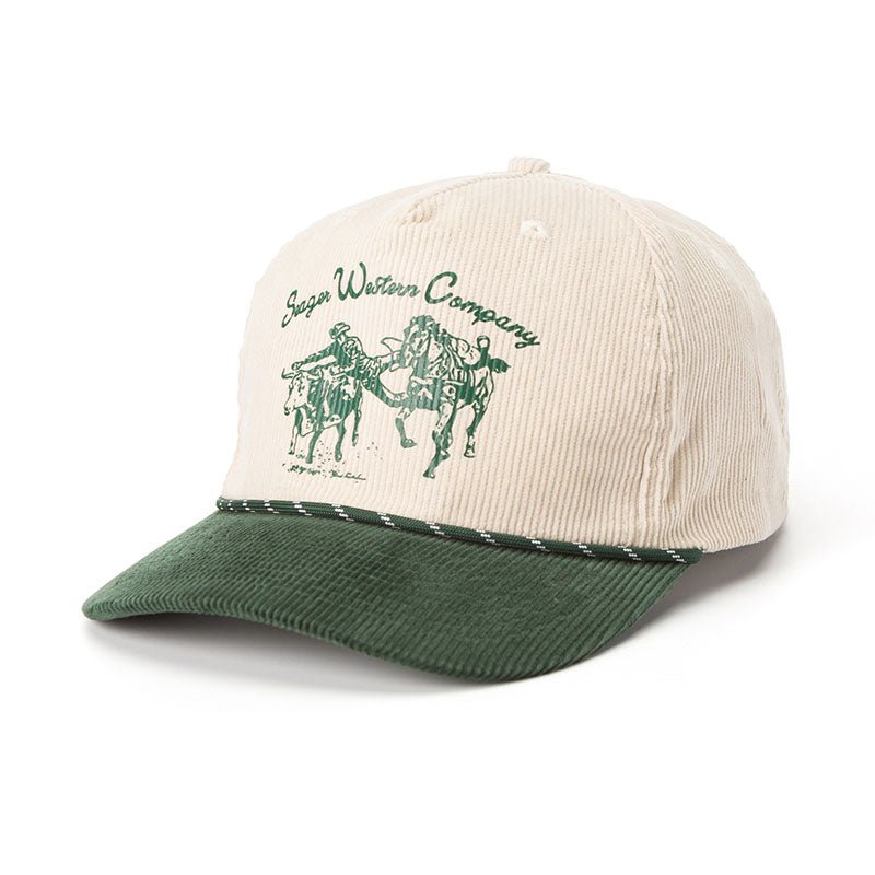 Close-up of Los Rios Cordouroy Snapback Cream/green Hat showing Cream corduroy crown with green embroidered horses and