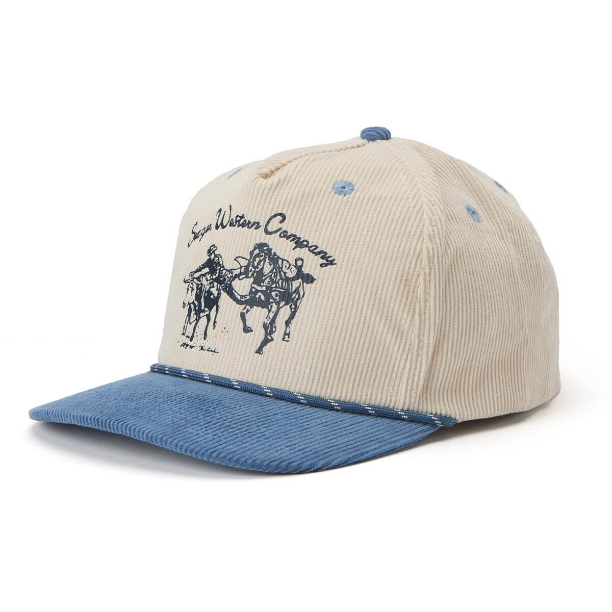 Close-up of Los Rios Cordouroy Snapback Cream/green Hat showing Cream corduroy crown with navy embroidered bucking horse